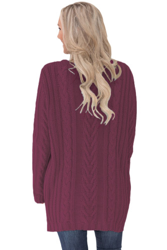 Burgundy Button the Deep V Front Cable Sweater Cardigan