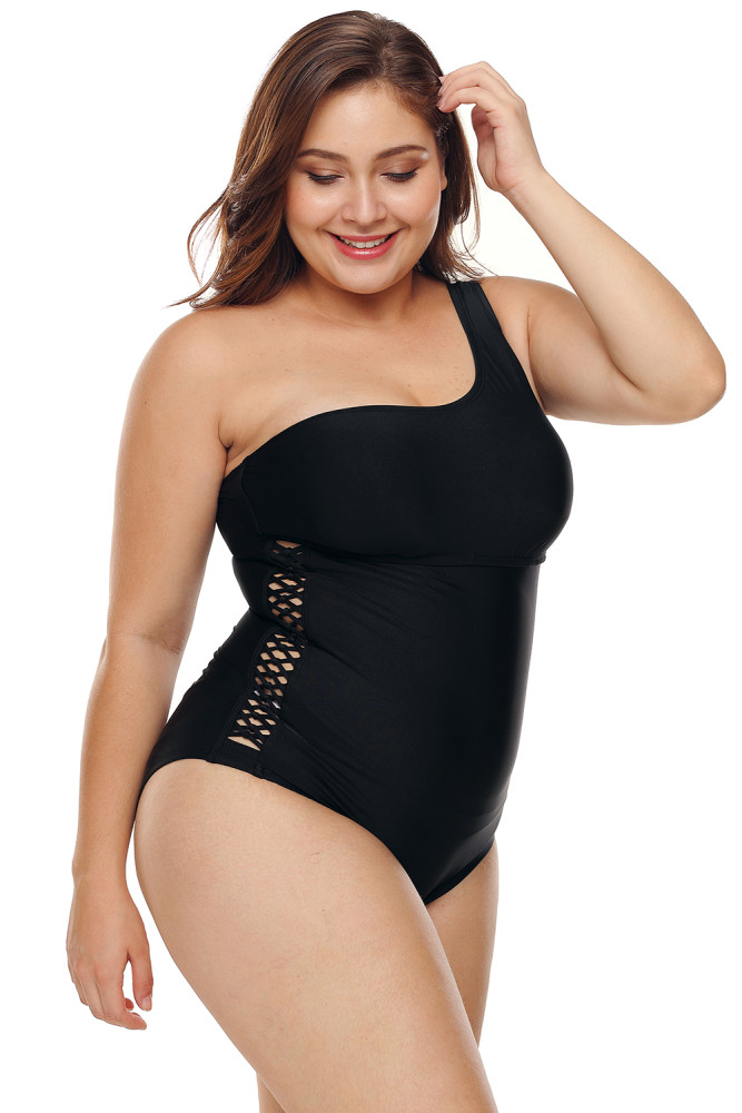 One Shoulder Grid Cutout Side Plus Size Maillot Swimwear