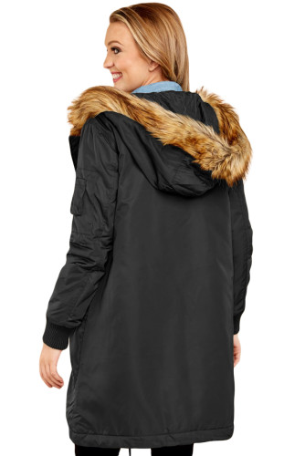 Black Fur Trim Hooded Longline Coat
