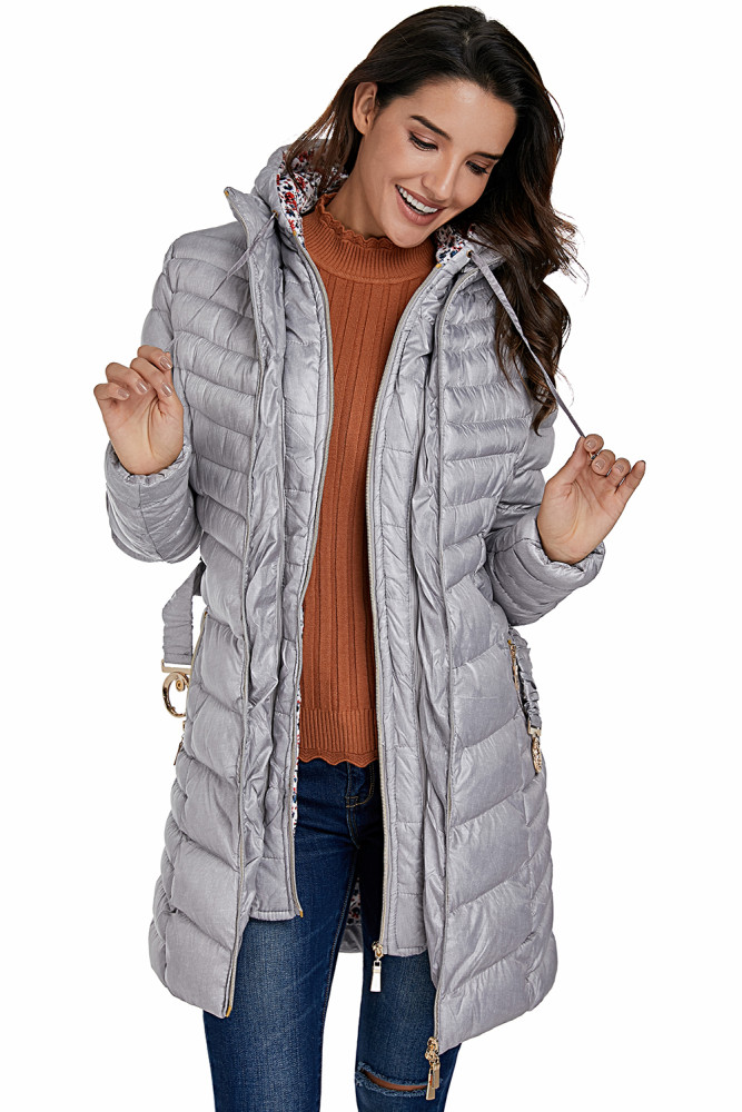 Gray Hooded Longline Winter Coat with Belt