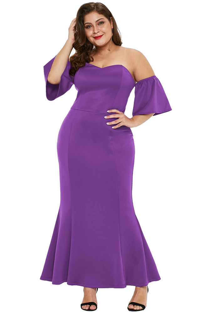Purple Sexy Strapless Drop Shoulder Plus Size Maxi Dress with Ruffles