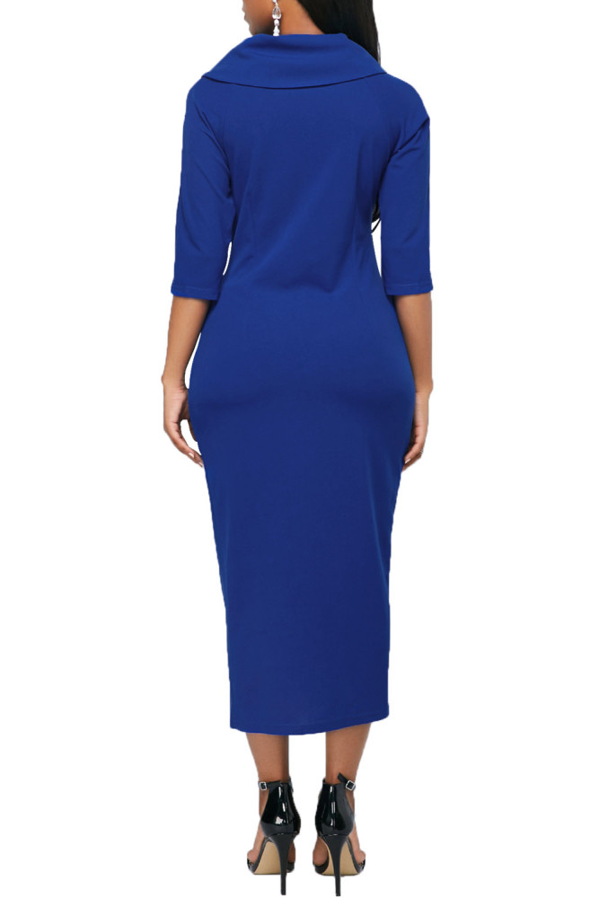 Blue Button Up Front Slit Sheath Midi Dress