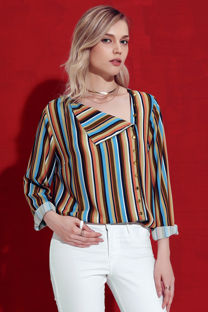Yellow Multicolor Striped Asymmetric Button Down Shirt