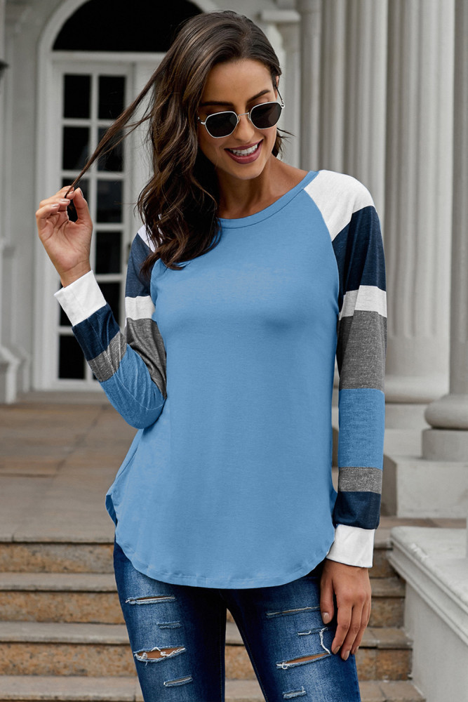 Color Block Long Sleeves Blue Pullover Top