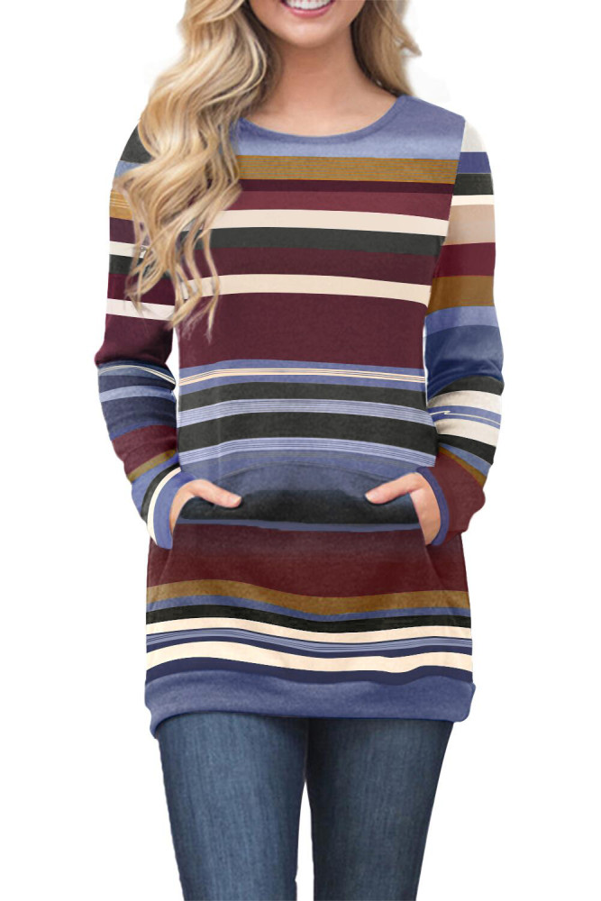 Blue Burgundy Color Gradation Striped Sweatshirt