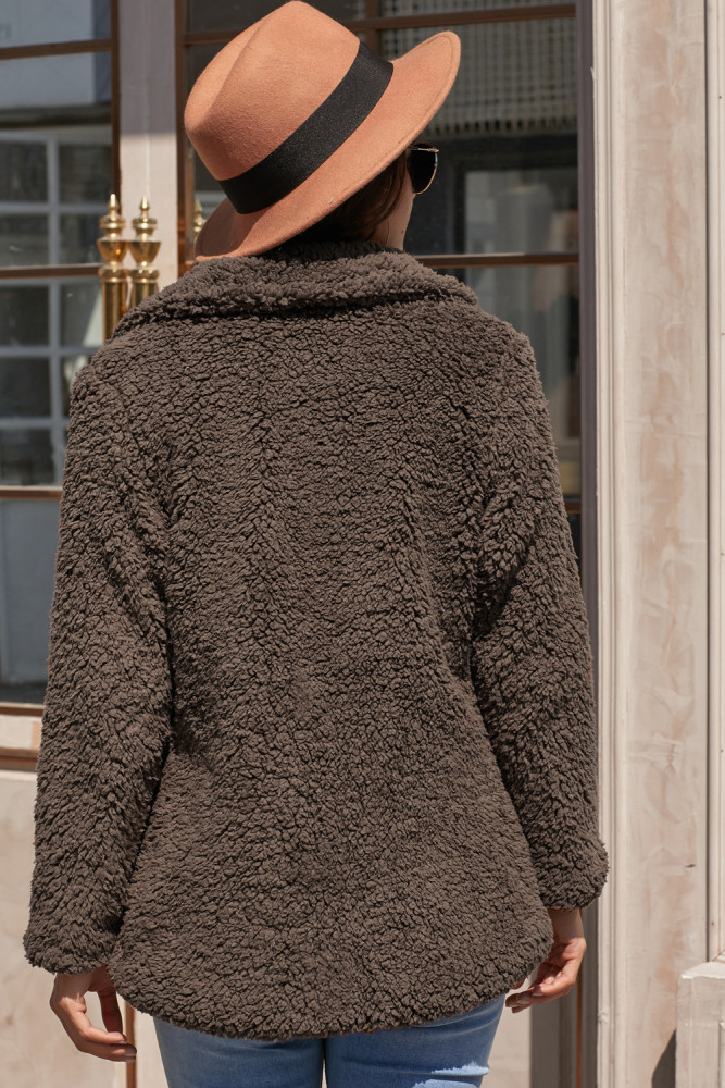 Coffee Fleece Open Front Coat with Pockets