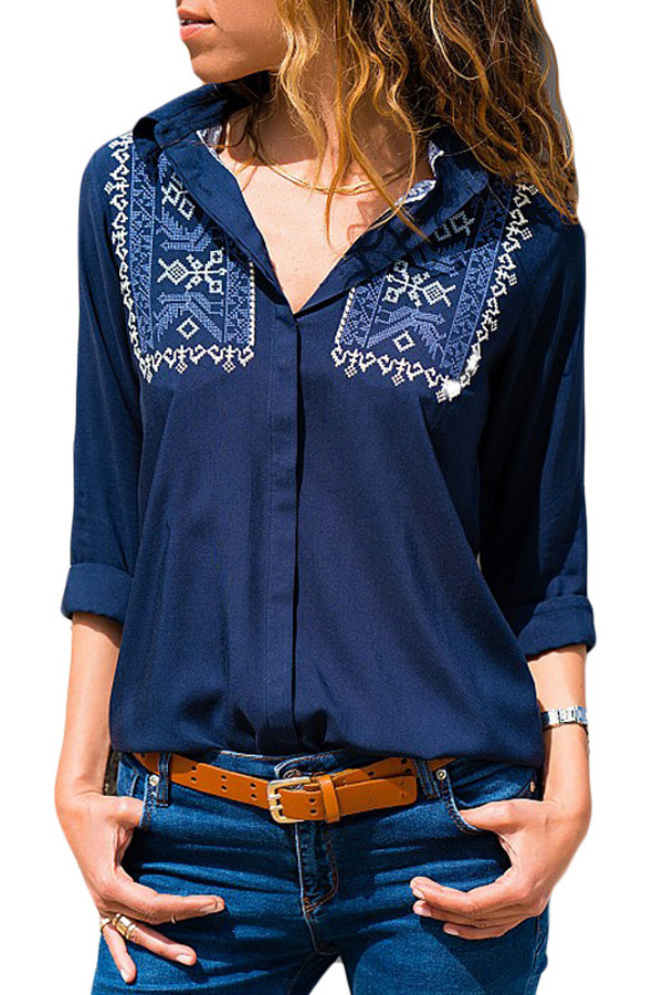 Embroidered Shoulder Accent Navy Shirt for Women