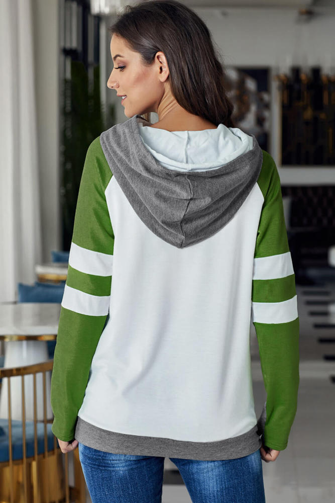 Olive Varsity Striped Sleeves Double Hooded Sweatshirt