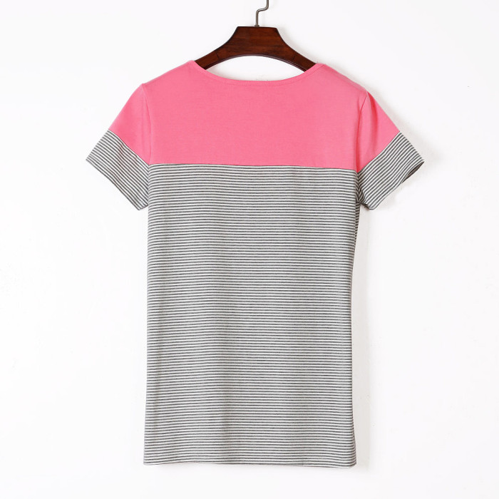 Pink Color Block Striped Short Sleeve T-shirt