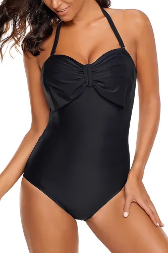 Black Big Bow Front Halter Maillot Swimsuit