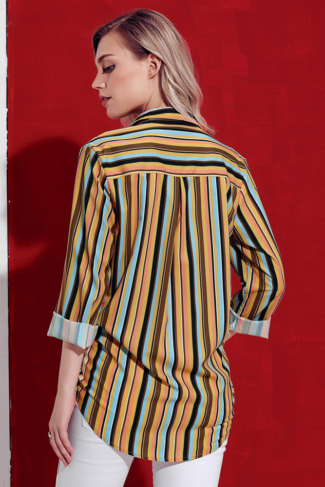 Yellow Multicolor Striped Long Sleeve Button Down Shirt