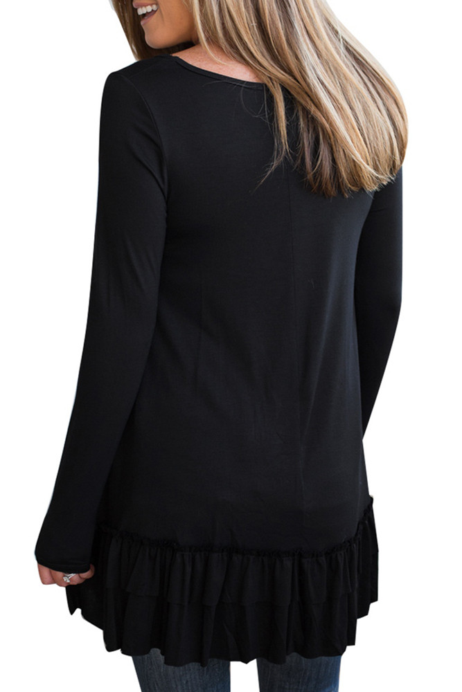 Black Double Ruffle Hem Long Sleeve Tunic Tops