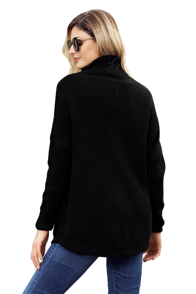 Black Ribbed Sleeves Turtleneck Sweater Pullover