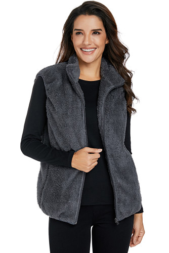 Gray Furry High Neck Vest Jacket