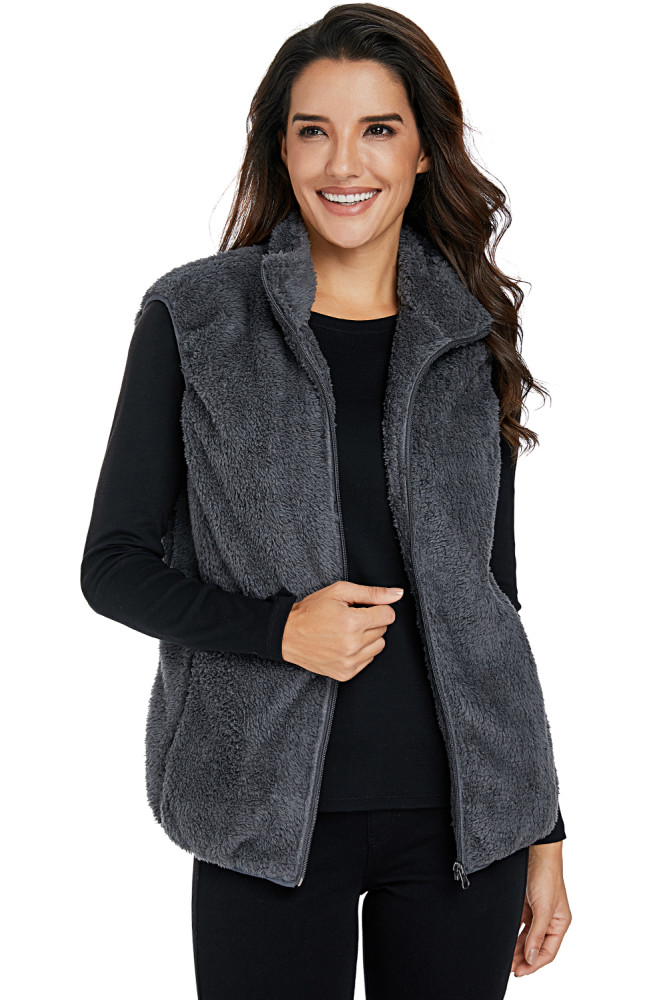 Gray Furry High Neck Vest Jacket