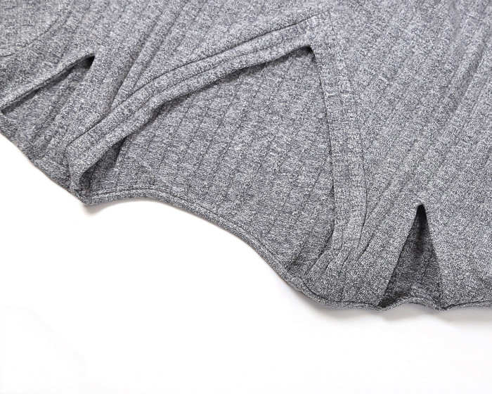 Gray Ribbed V Neck Cold Shoulder Top