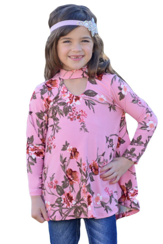 Pink Floral Key Hole Front Girl's Long Sleeve Top