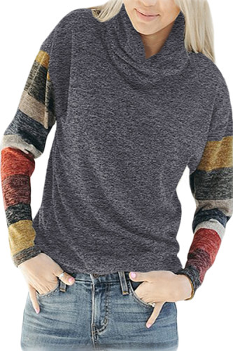 Color Blocked Long Sleeve Taupe Cowl Neck Sweatshirt