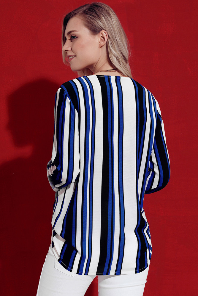 Blue White Black Striped Asymmetric Button Down Shirt