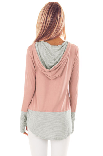 Pinstriped Patchwork Salmon Pink Thumbhole Sleeved Hoo