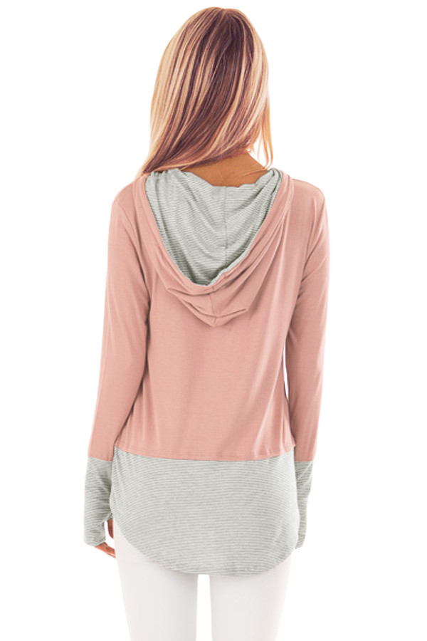 Pinstriped Patchwork Salmon Pink Thumbhole Sleeved Hoo