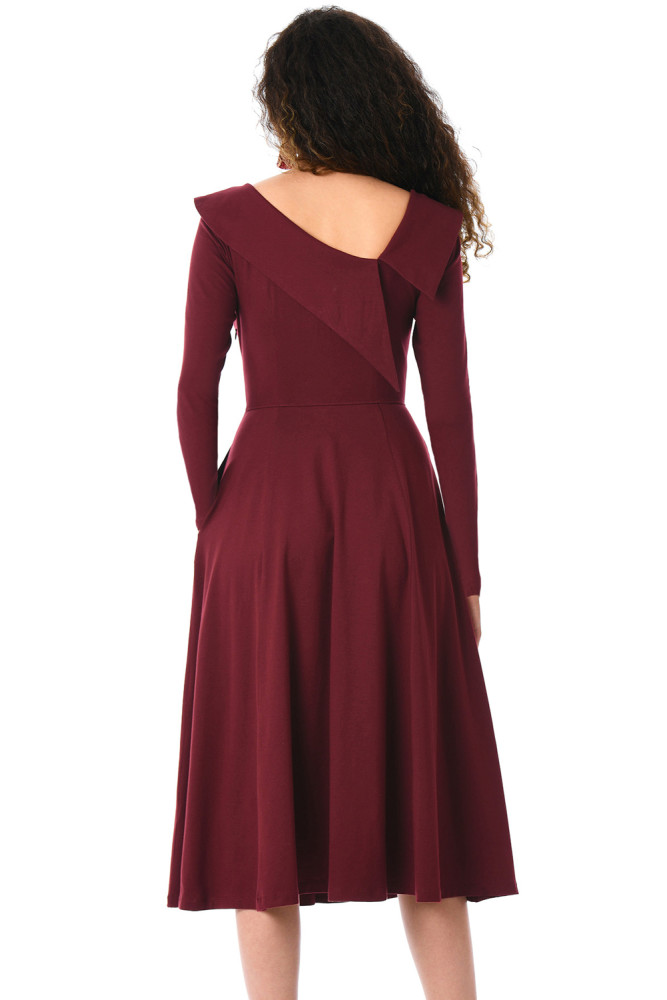 Burgundy Retro Inspired Asymmetric Collar Flared Dress