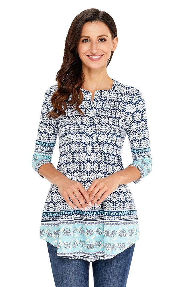 White Floral Notch Neck Pin-tuck Tunic