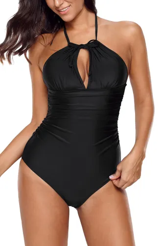 Black Adjustable Halterneck One Piece Swimsuit