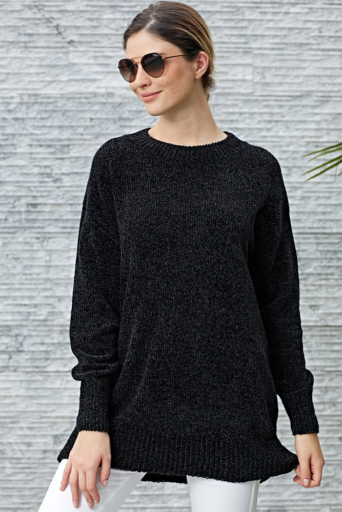 Black Cozy Scoop Neck Velvet Sweater