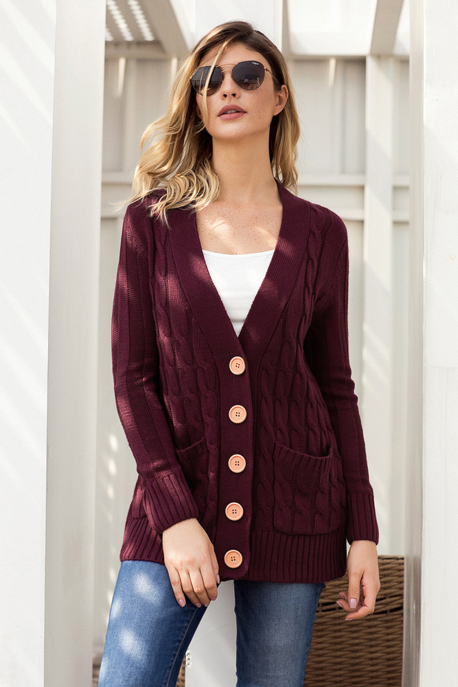 Wine Wooden Button Cardigan