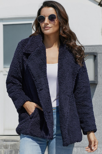 Navy Fleece Open Front Coat with Pockets