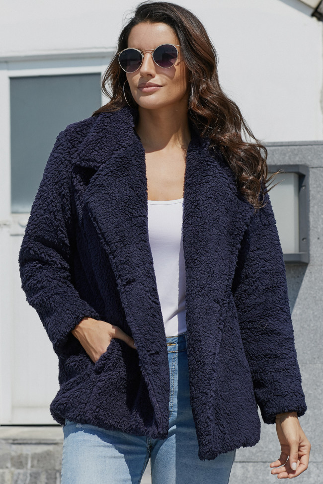 Navy Fleece Open Front Coat with Pockets