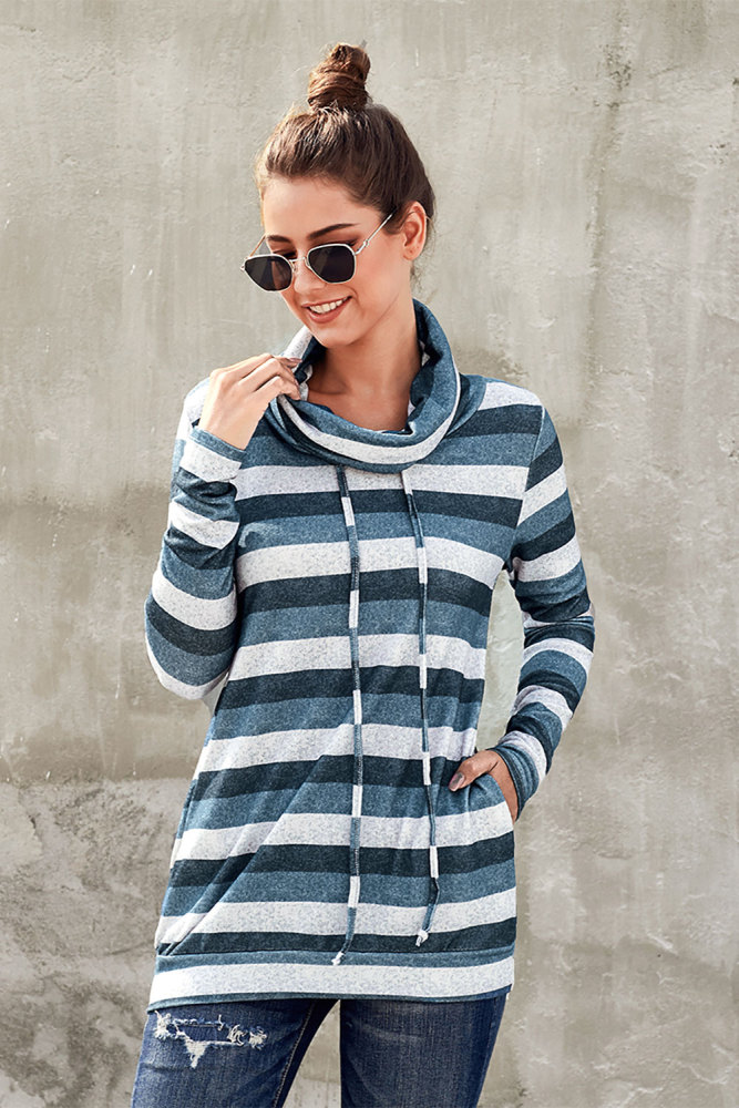 Charcoal Multicolor Cowl Neck Striped Long Sleeve Sweatshirt