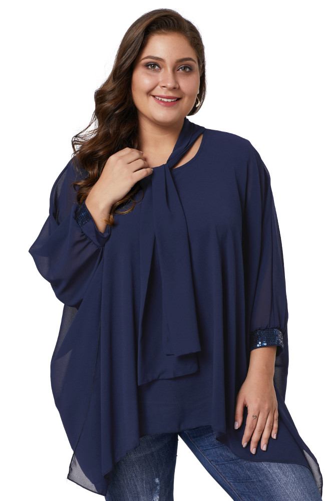 Navy Long Sleeve Chiffon Overlay Plus Size Blouse