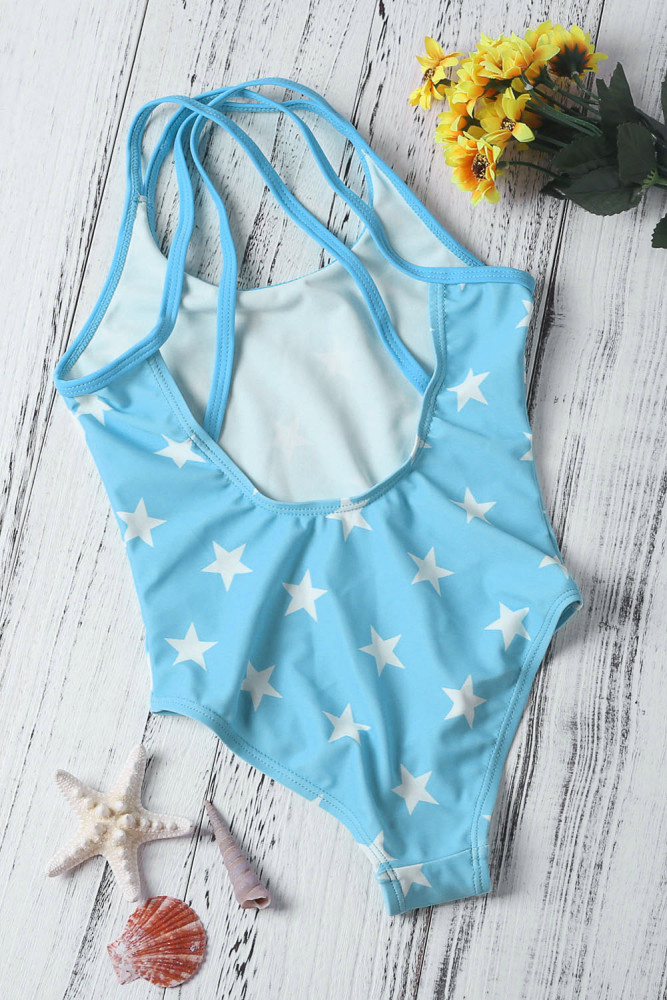 Duplicate Straps Stars Print Blue Maillot for Kid Girls