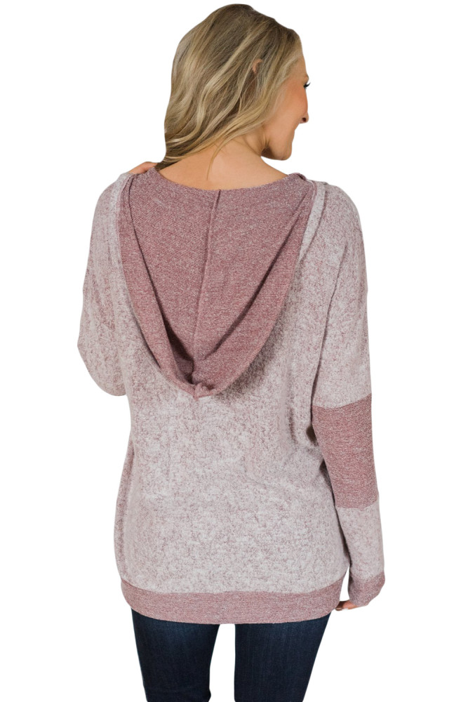 Dusty Pink V Neck Patchwork Design Hoodie