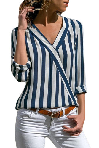 Blue White Stripe Long Sleeve V Neck Shirt