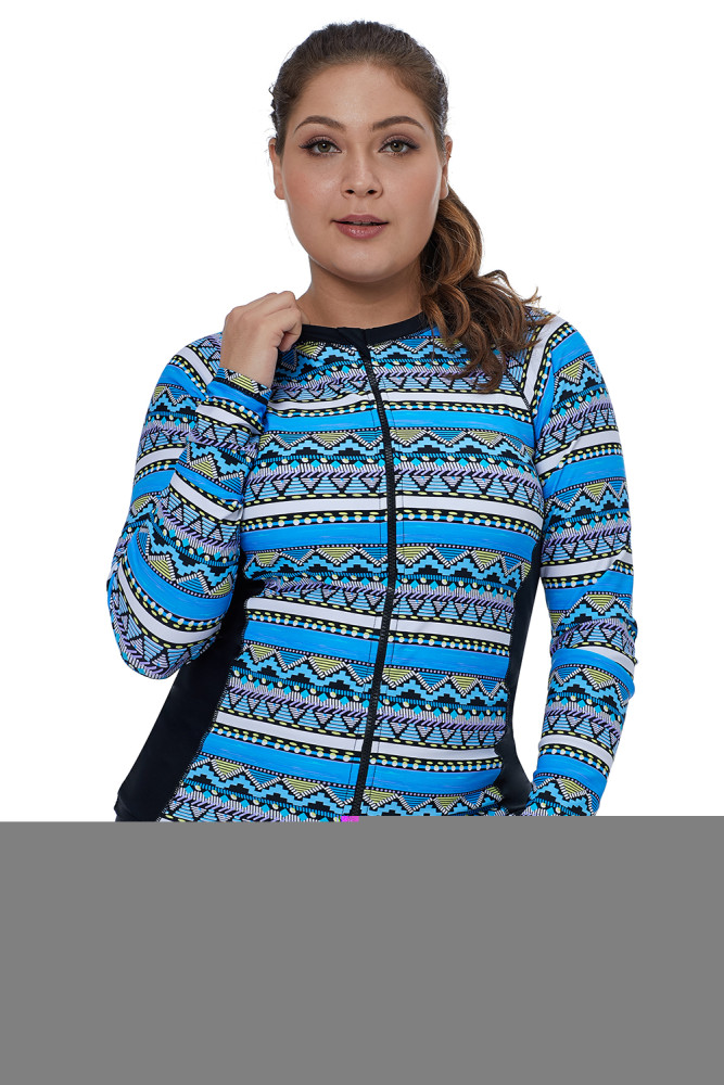 Blue Tribal Geometry Front Zip Rashguard Top