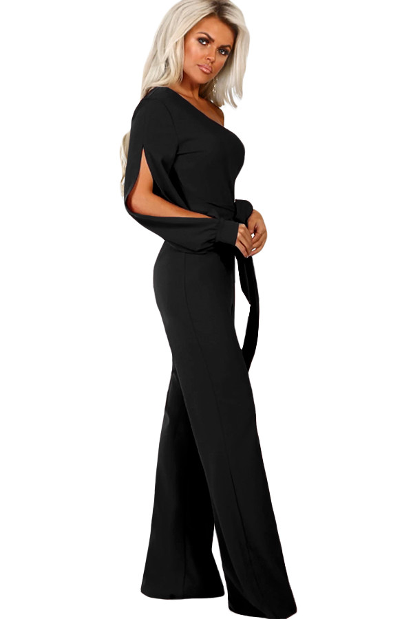 Black Asymmetric One Shoulder Wide Leg Solid Jumpsuit