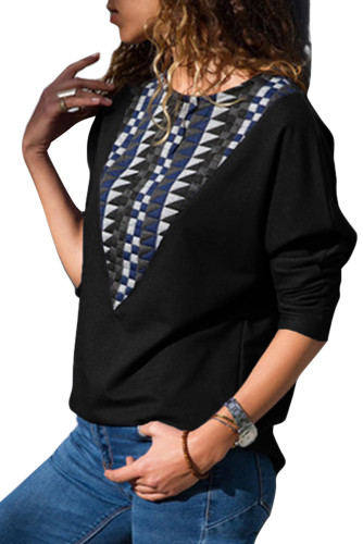 Black Long Sleeve Colorblock Diamond Top