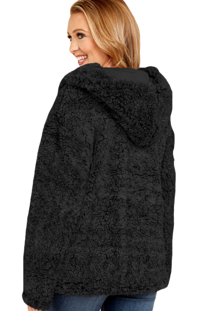 Black Zip Down Furry Hooded Jacket