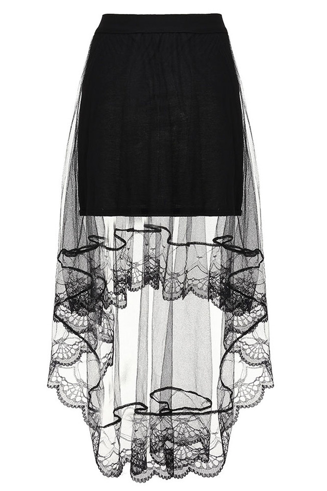 Black Lace Tulle Overlay Hi-lo Hem Skirt