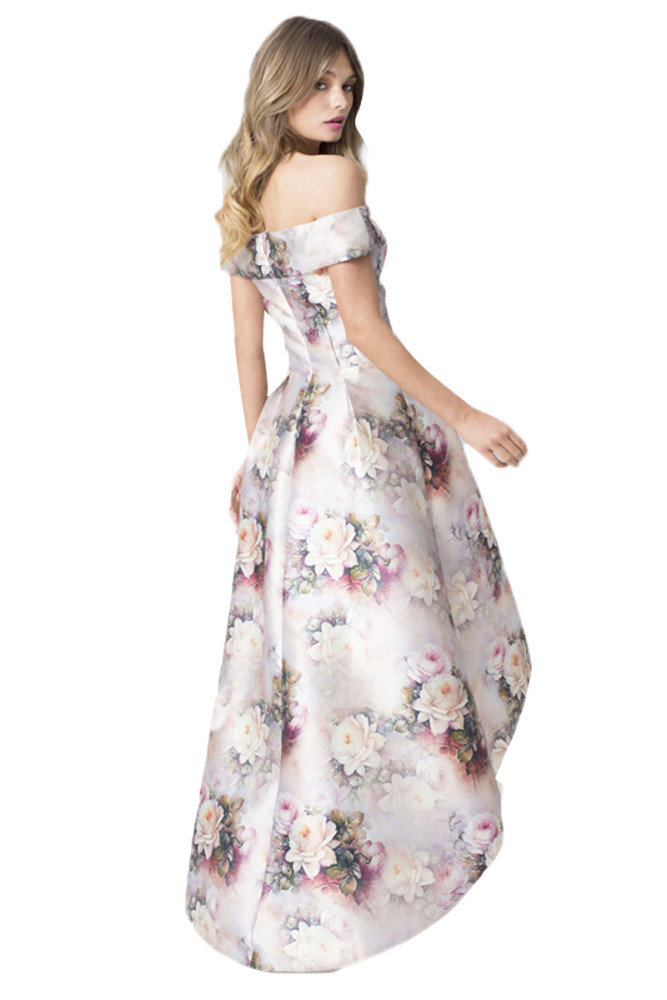White Satin Floral Off Shoulder Prom Dress
