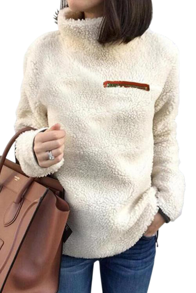 Apricot Plush Pullover Stand Collar Sweatshirt