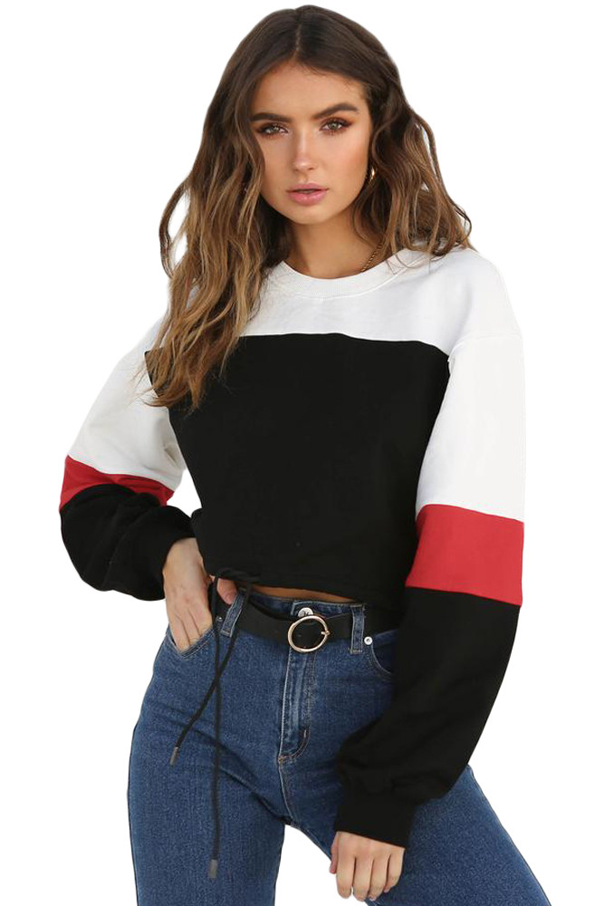 Black White Drawstring Cropped Colorblock Sweatshirt