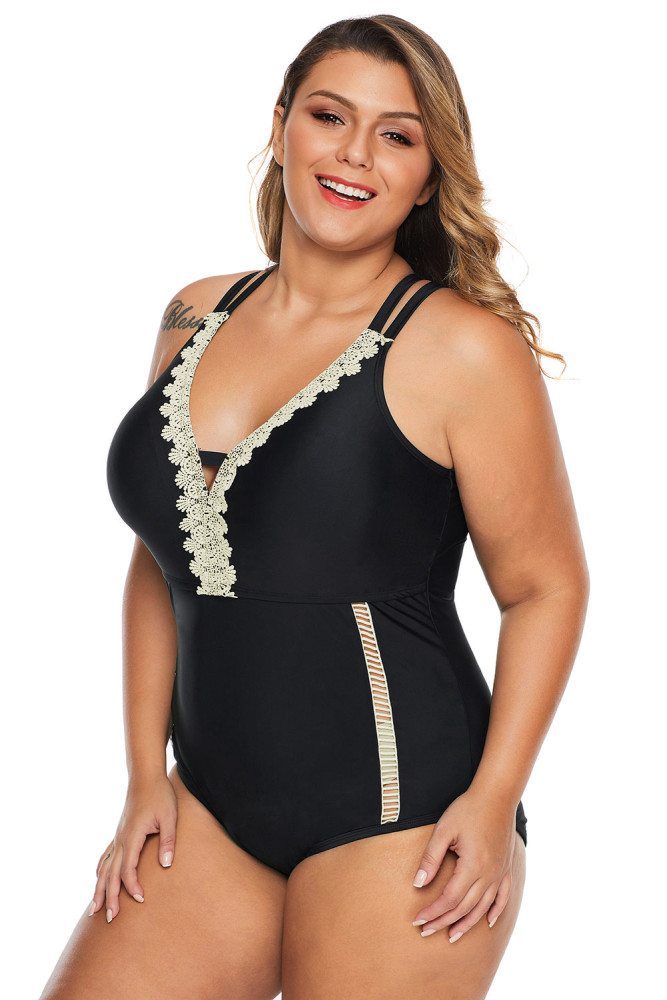 Black Plus Size V Neck Cutout Tankini