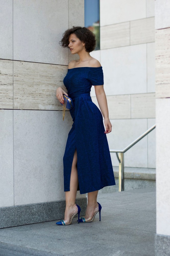 Blue Off Shoulder Short Sleeve Metallic Slit Party Dress