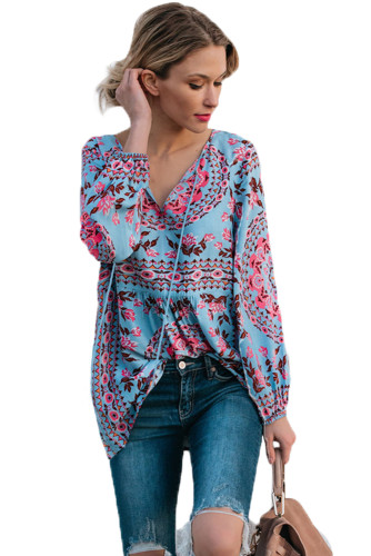 Blue Bohemian Print Tassel Tie V Neck Blouse