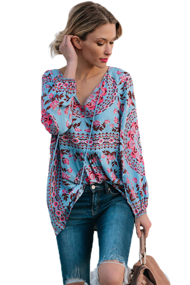 Blue Bohemian Print Tassel Tie V Neck Blouse