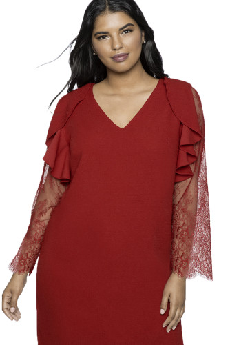Red Ruffle Trim Lace Sleeve Plus Size Shift Dress